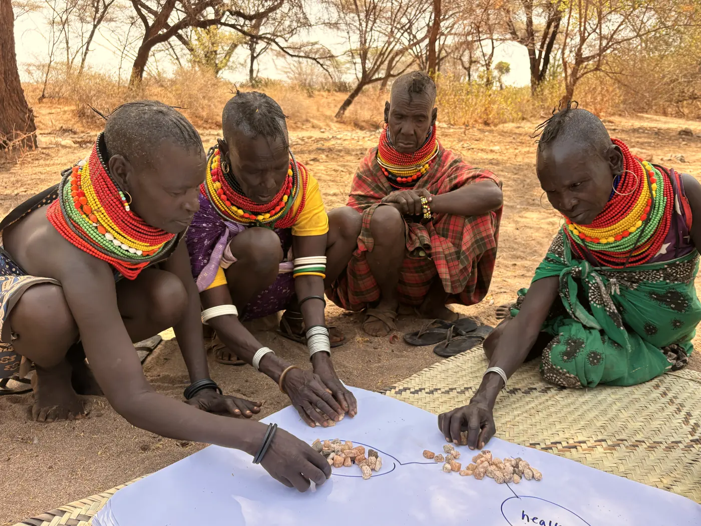 Women in beaded collars place stones on a paper chart to show how many adults were sick or healthy in the past year.